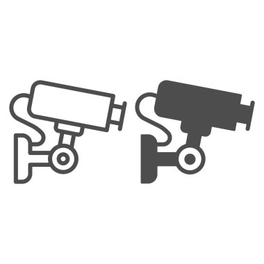 Açık havada gözetleme kamerası, duvara monte edilmiş duvar, güvenlik hattı ve sağlam ikon, CCTV konsepti, beyaz arka planda güvenlik vektör işareti, mobil konsept ve web tasarımı için taslak tarzı ikon. Vektör grafikleri.