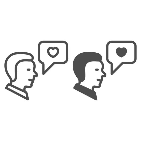 Man, man en hart in dialoog box line en solide pictogram, dating concept, love message vector teken op witte achtergrond, outline stijl pictogram voor mobiele concept en web design. vectorgrafieken. — Stockvector