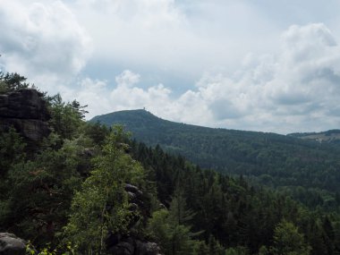 Kum taşı manzaralı Monchskanzeland ladin ağacı ormanı, köy Oybin ve Zittauer Gebirge dağları doğa parkı, yaz manzarası Almanya