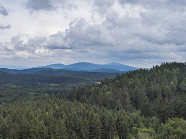 Kum taşı manzaralı Monchskanzeland ladin ağacı ormanı, köy Oybin ve Zittauer Gebirge dağları doğa parkı, yaz manzarası Almanya