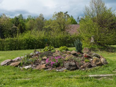 Pembe Phlox subulata, Armeria maritima, deniz turşusu, Bergenia ya da fil kulağı, karanfil ve daha bir sürü renkli çiçekle dolu bahar bahçesine bakın..
