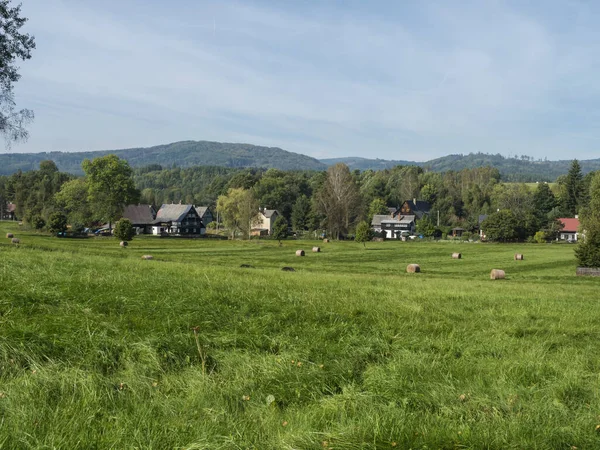 伝統的な木造コテージと緑豊かな緑の芝生の牧草地、白樺の落葉やトウヒの木の森と丘、青い空とルスティア山脈の村のマレーニスを望む農村夏の風景 — ストック写真