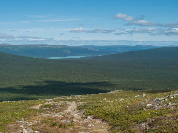 Vue sur la forêt et le vert laiteux Laitaure, lac Lajtavrre depuis le sentier de randonnée Kungsleden dans le parc national de Sarek, en Laponie suédoise. Paysage sauvage avec montagnes, collines, rochers et arbres. Journée ensoleillée d'été — Photo