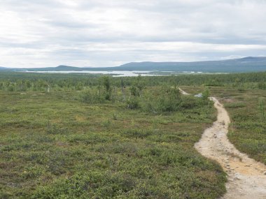 Güzel nehir Lulealven ile Laponya manzarası, kar kaplı dağ, huş ağacı ve Saltoluokta yakınlarındaki Kungsleden yürüyüş patikası, İsveç 'in vahşi doğasının kuzeyi. Yaz masmavi gökyüzü