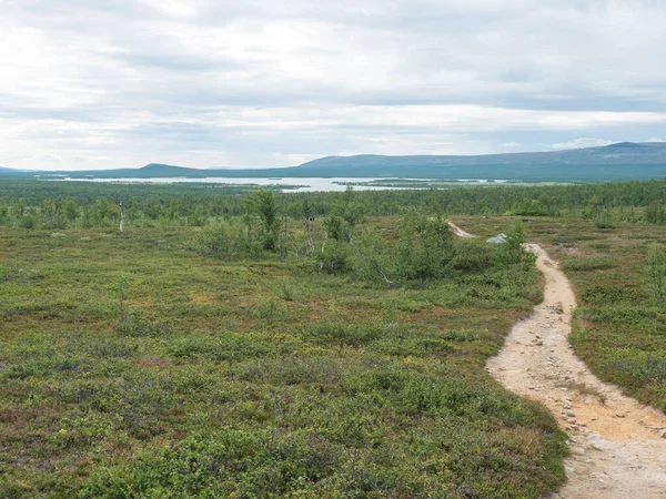 Lapland landschap met prachtige rivier Lulealven, met sneeuw bedekte berg, berkenboom en wandelpad van Kungsleden wandelpad in de buurt van Saltoluokta, Noord-Zweden wilde natuur. Zomer blauwe lucht — Stockfoto
