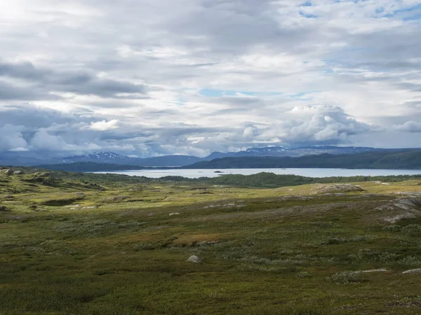 Lapland paisagem no lago Virihaure com rio sinuoso, montanhas verdes, bétulas e planície com grandes pedregulhos. Suécia verão dia nublado, natureza selvagem, Padjelantaleden trilha caminhadas. — Fotografia de Stock