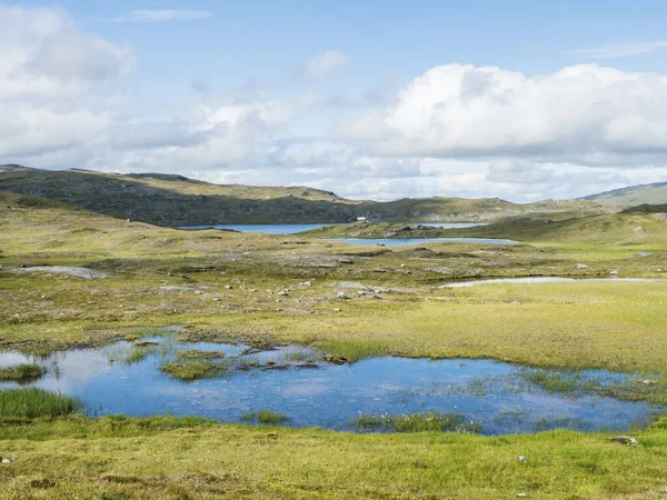 Piękny północny krajobraz arktyczny, tundra w szwedzkiej Laponii z żywymi błękitnymi jeziorami i stawem, bujna zielona trawa, wzgórza i góry na Padjelantaleden szlaku turystycznym. Letni dzień, błękitne niebo, białe chmury — Zdjęcie stockowe