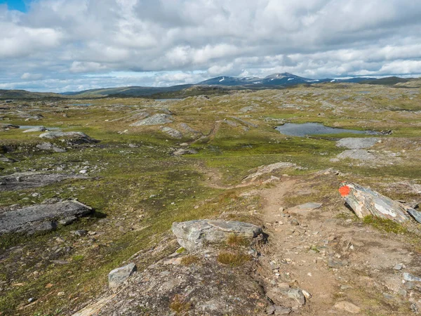 Stezka v severní umělecké krajině, tundra ve švédském Laponsku se zelenými kopci, modrými jezery a horami na Padjelantaleden turistické stezky. Letní den, modrá obloha, bílé mraky — Stock fotografie