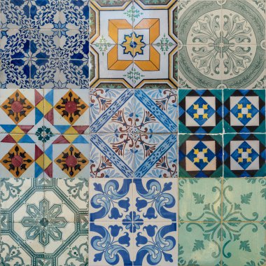 Collage of different colorful pattern ceramic tiles from facade of old houses in Lisbon Portugal. Set of portuguese traditional Azulejos decorative artistic design background, creative texture surface
