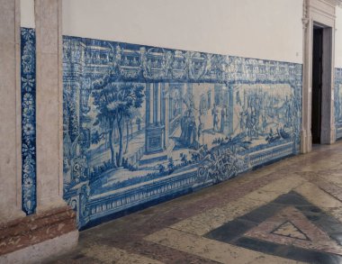 Lisbon, Portugal, October 24, 2021: The old ceramics tiles picture, traditional azulejos in the Convento de Nossa Senhora da Graca, Lisbon, Portugal
