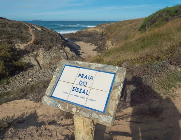 View Stone Ceramic Sign Praia Sissal Sand Beach Ocean Waves — Stock Photo, Image