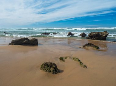 Portekiz, Porto Covo yakınlarındaki Rota Vicentina sahilinde okyanus dalgaları ve keskin kayalarla boş Praia do Queimado sahili manzarası.
