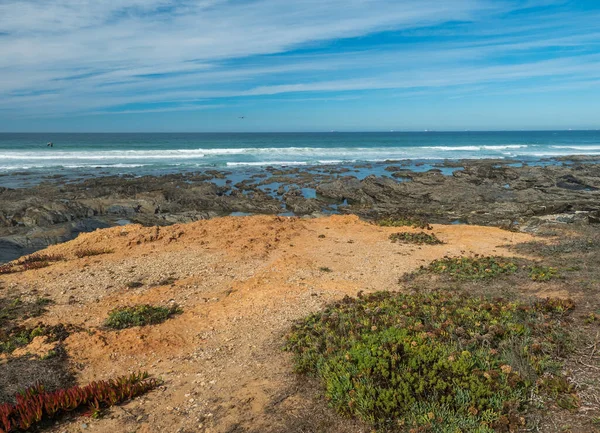 Vista Mar Com Ondas Oceânicas Rochas Afiadas Pedras Vegetação Verde — Fotografia de Stock