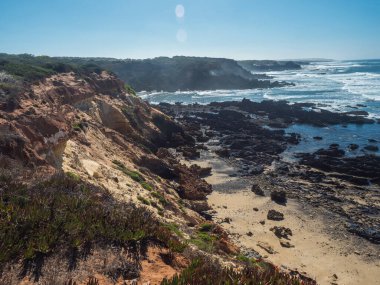 Okyanus dalgaları, keskin kayalar, yeşil ve kırmızı incir yaprakları, Vila Nova de Milfontes, Portekiz yakınlarındaki Carpobrotus edulis ile vahşi Rota Vicentina sahili manzarası. Güneşli gün, mavi gökyüzü