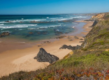 Portekiz, Vila Nova de Milfontes yakınlarındaki Rota Vicentina sahilinde okyanus dalgaları, taş, ıslak altın kum ve yeşil bitki örtüsü ile boş Praia dos Picos plajı manzarası