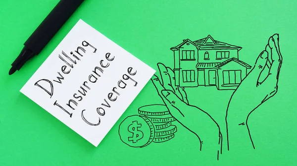Dwelling Insurance Coverage Shown Using Text Picture House Hands — Φωτογραφία Αρχείου