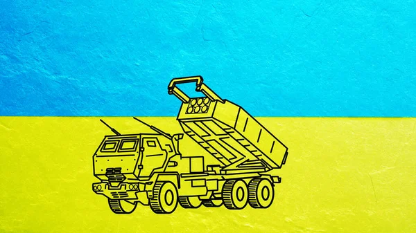 HIMARS High Mobility Artillery Rocket System M142 for Ukraine is shown on the Ukrainian flag