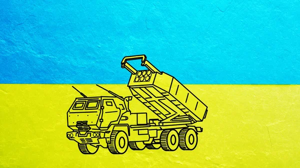 Ukrayna bayrağında Ukrayna için HIMARS Yüksek Hareketli Roket Sistemi M142 gösterilmiştir