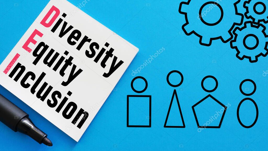 Diversity, equity, inclusion DEI symbol. Words DEI, diversity, equity, inclusion appearing on a paper. Blue background. Business, diversity, equity, inclusion concept