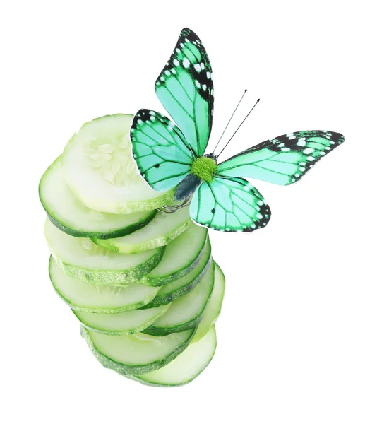 Butterfly on sliced cucumber isolated on white — Stock Photo, Image