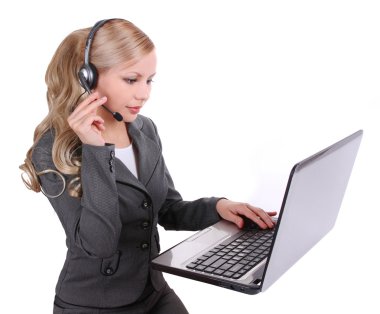 güzel operatörü ile üzerine beyaz izole laptop