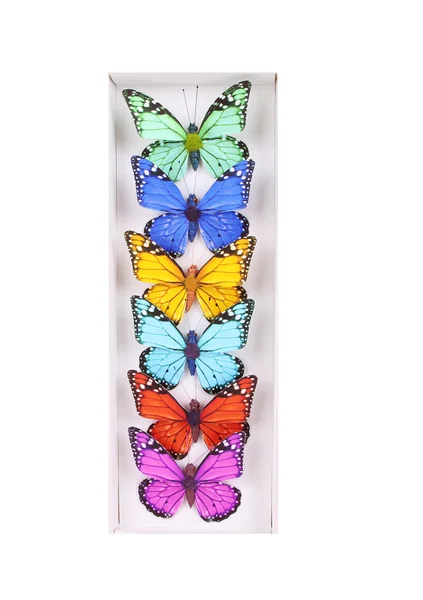 Colección mariposa multicolor en caja aislada en blanco — Foto de Stock