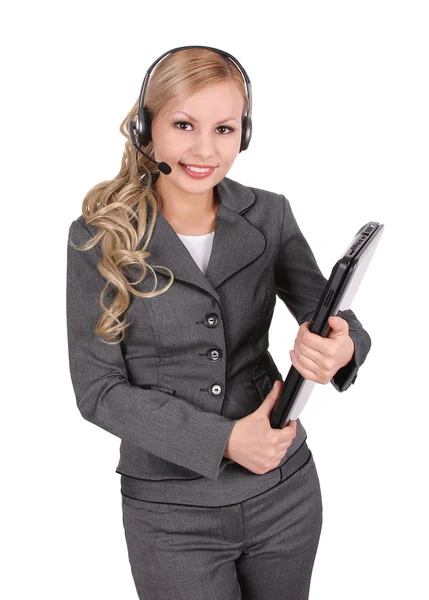 Retrato do operador de suporte ao cliente sorridente isolado em branco — Fotografia de Stock