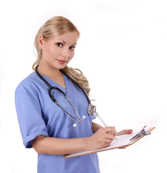 Nurse with stethoscope and clipboard isolated on white Stock Photo
