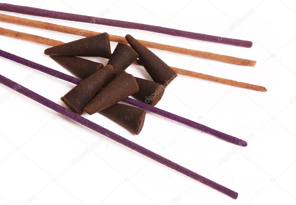 Incense cones and sticks isolated on white background