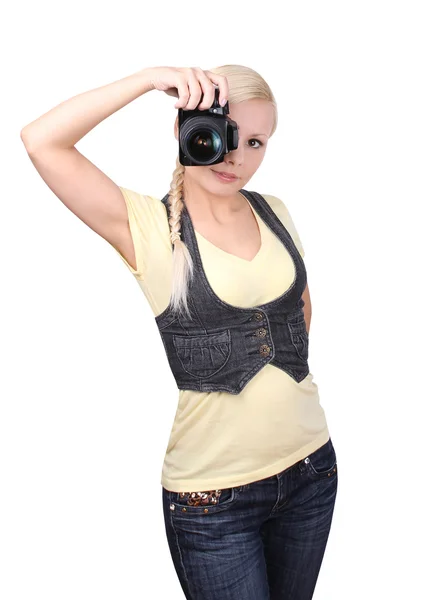 Mooi meisje met camera geïsoleerd op wit — Stockfoto