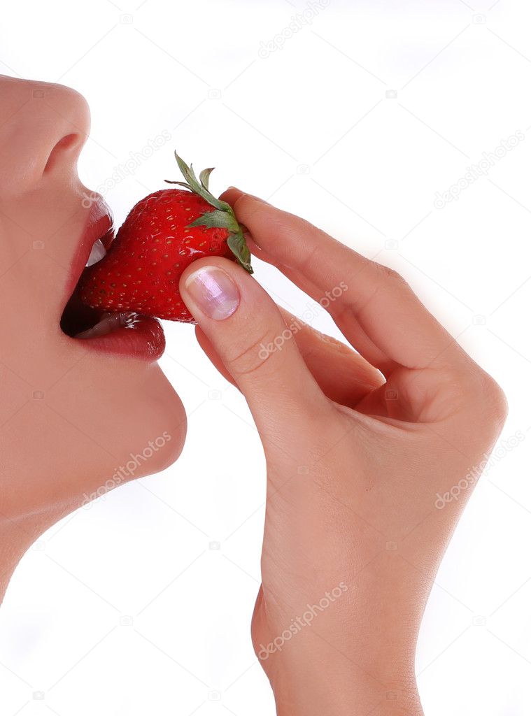 Sexy lips with strawberry isolated on white