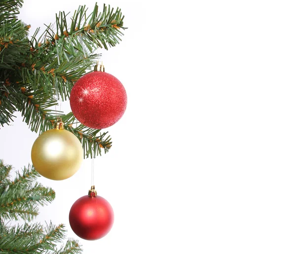 Bolas de Natal no ramo da árvore de Natal, isolado em branco — Fotografia de Stock