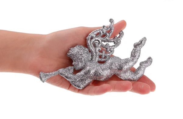 Glitter Christmas Angel toy in hand isolated on white — Stock Photo, Image