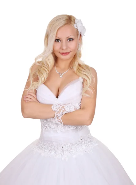 Portret van mooie bruid met gekruiste armen geïsoleerd op wit — Stockfoto