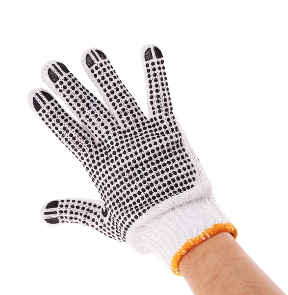 Werk handschoen op hand geïsoleerd op wit — Stockfoto
