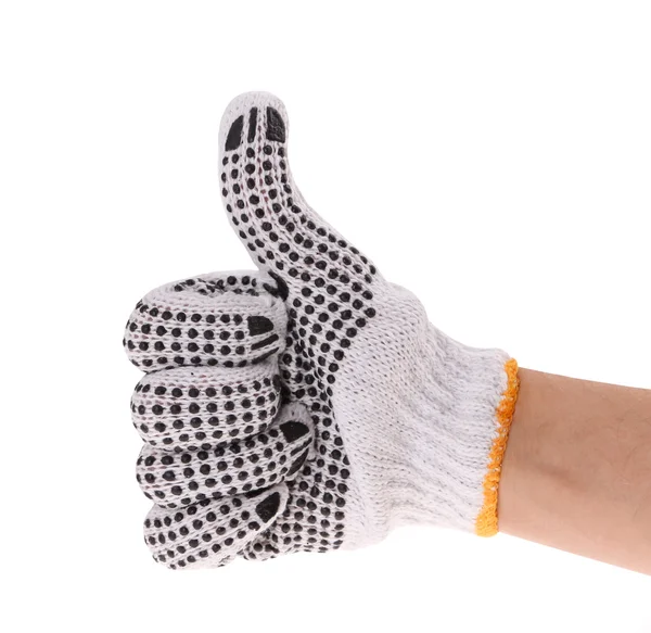 Pulgares hacia arriba con guantes de trabajo en la mano aislados en blanco — Foto de Stock