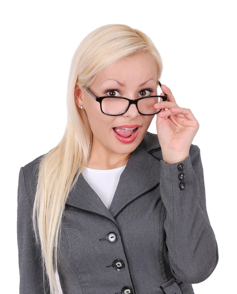 Retrato de mujer de negocios rubia en gafas aisladas en blanco —  Fotos de Stock