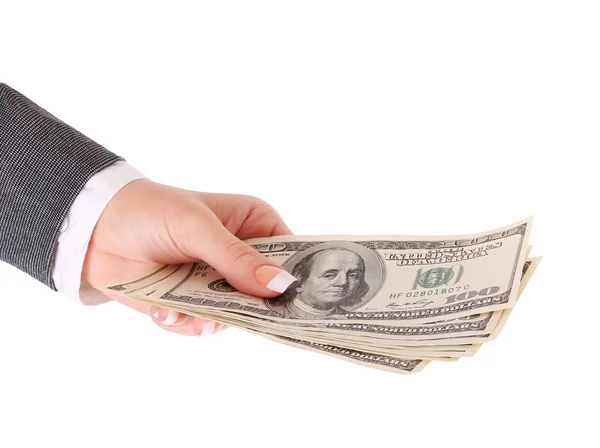 Δολάρια λογαριασμούς στην επιχειρηματίας χέρι απομονωθεί σε λευκό, χρήματα — Φωτογραφία Αρχείου