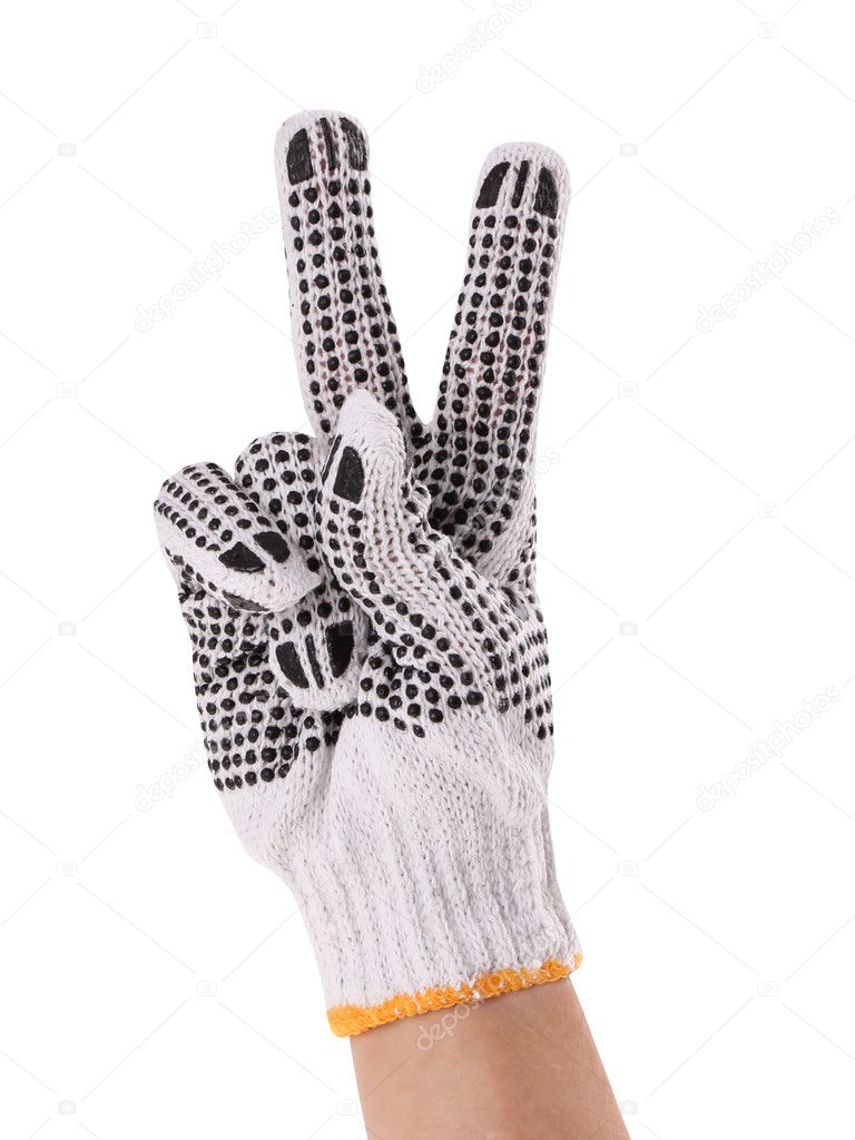 Hand with work glove showing victory or peace sign isolated on white