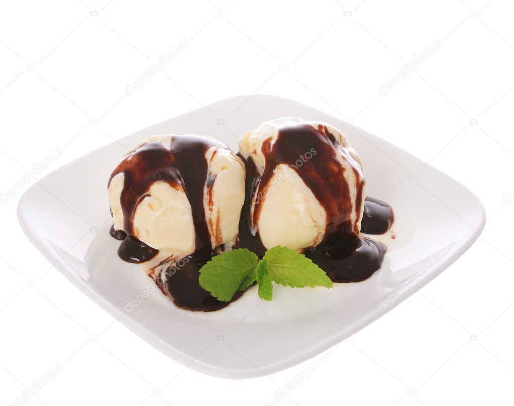 Delicious ice cream with chocolate and mint leaves on plate, isolated on white