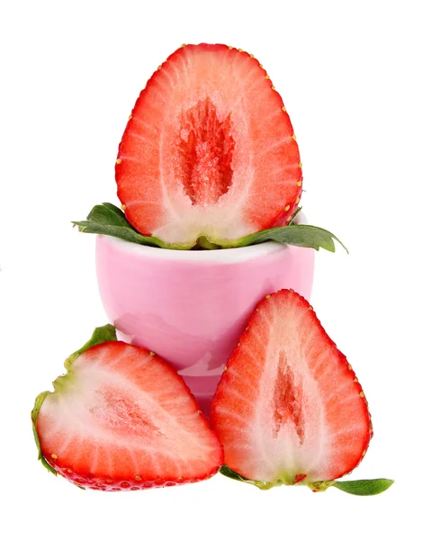 Sliced strawberry in pink bowl isolated on white — Stock Photo, Image