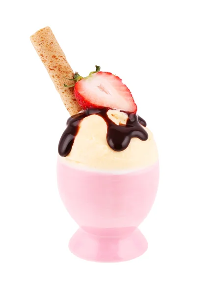 Delicious dessert, vanilla ice cream with chocolate, crispy stick and sliced strawberry on pink bowl, isolated — Stock Photo, Image