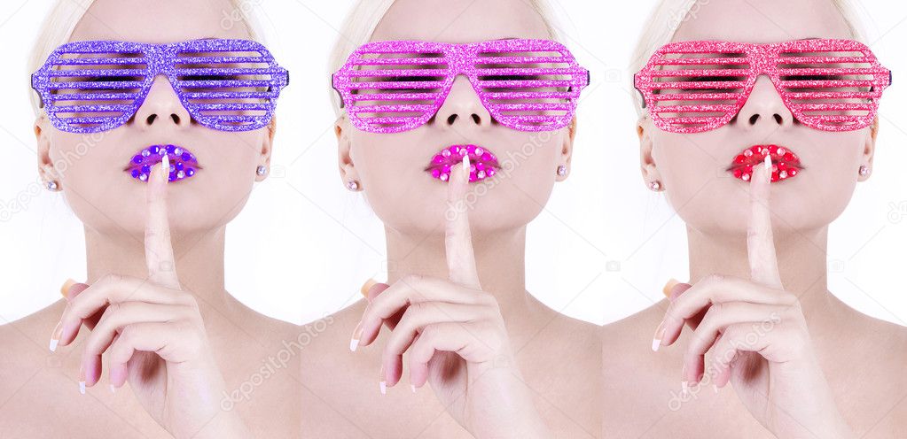 Colorful glamour glitter glasses on sexy girls, high fashion look