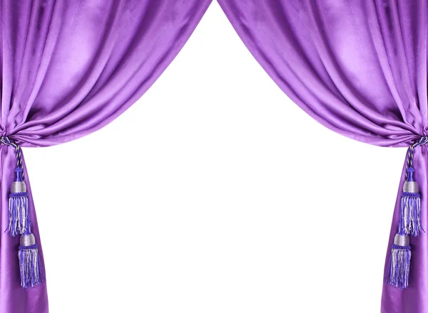 Purple silk curtain with tassels over white background — Stock Photo, Image