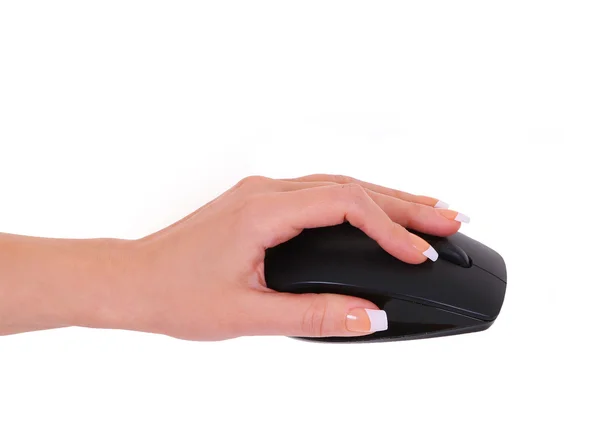 Bilgisayar fare üzerinde beyaz izole kadın elinde Stok Resim
