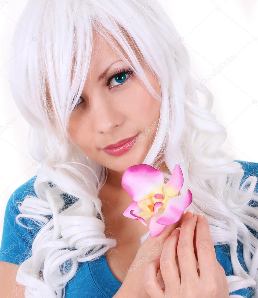 Anime girl with white hair holding orchid flower over white
