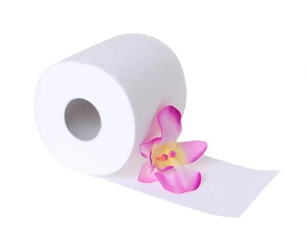 Toilet paper with beautiful orchid flower isolated on white — Stock Photo, Image