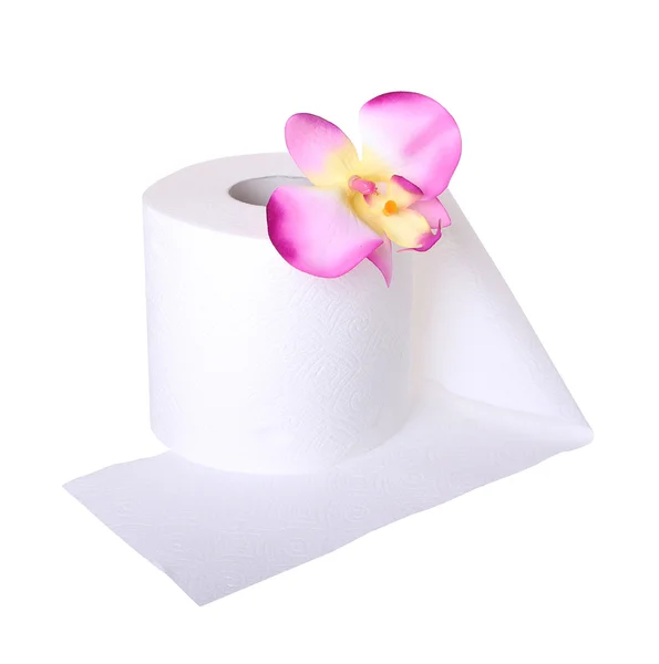 Toilet paper with beautiful orchid flower isolated on white — Stock Photo, Image