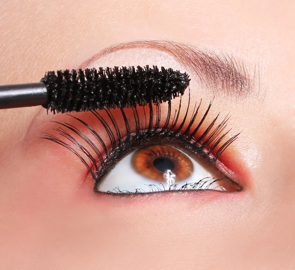 Makeup, applying mascara, eye with long eyelashes — Stock Photo, Image