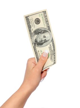 parayı elinde beyaz, dolar bill izole